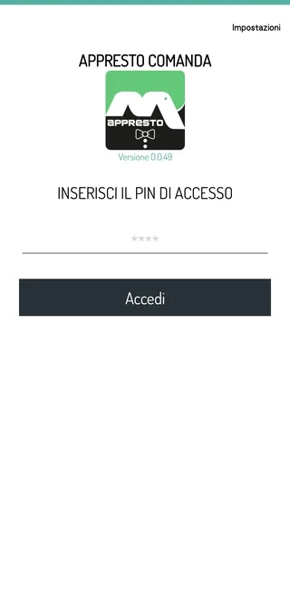 Schermata di accesso operatore con PIN dell'app Appresto Comanda